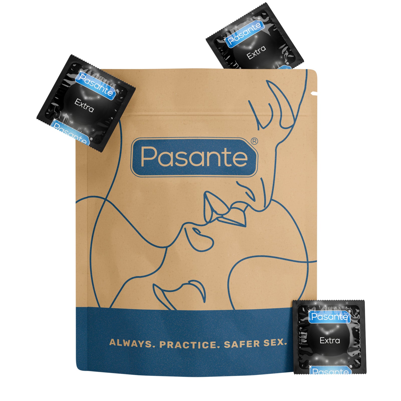 Pasante Extra condoms in kraft paper pouch with reduced plastic.