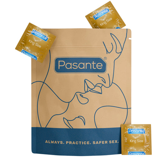 Pasante King Size condoms in kraft paper pouch with reduced plastic.