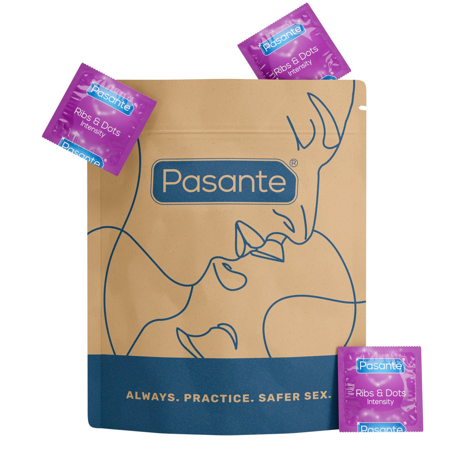 Pasante Intensity condoms in kraft paper pouch with reduced plastic.