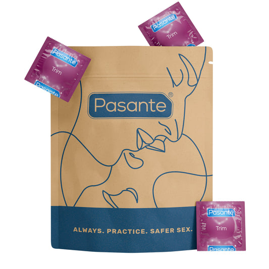 Pasante Trim condoms in kraft paper pouch with reduced plastic.