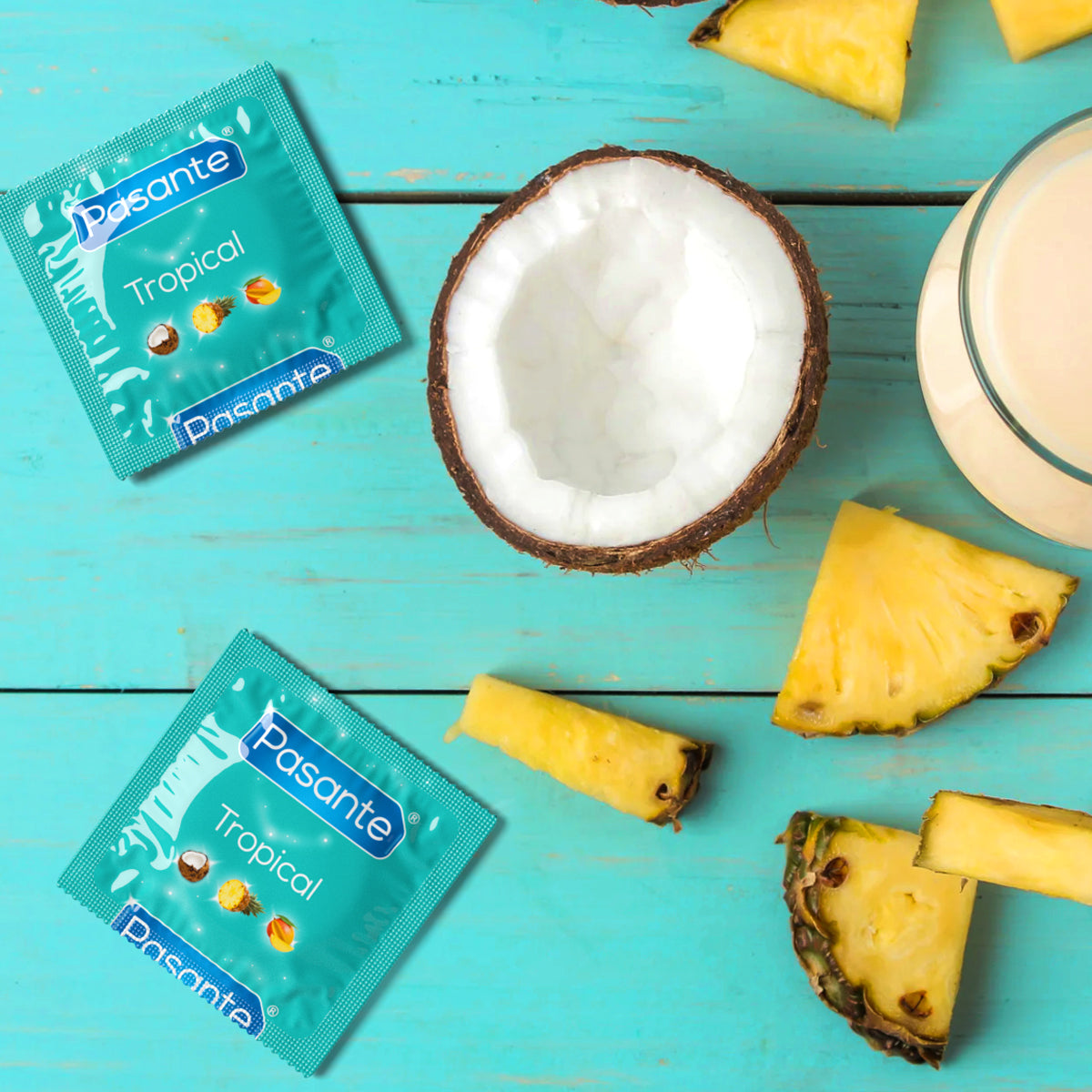 Pasanet Tropical Coconut, Mango and Pineapple condoms.