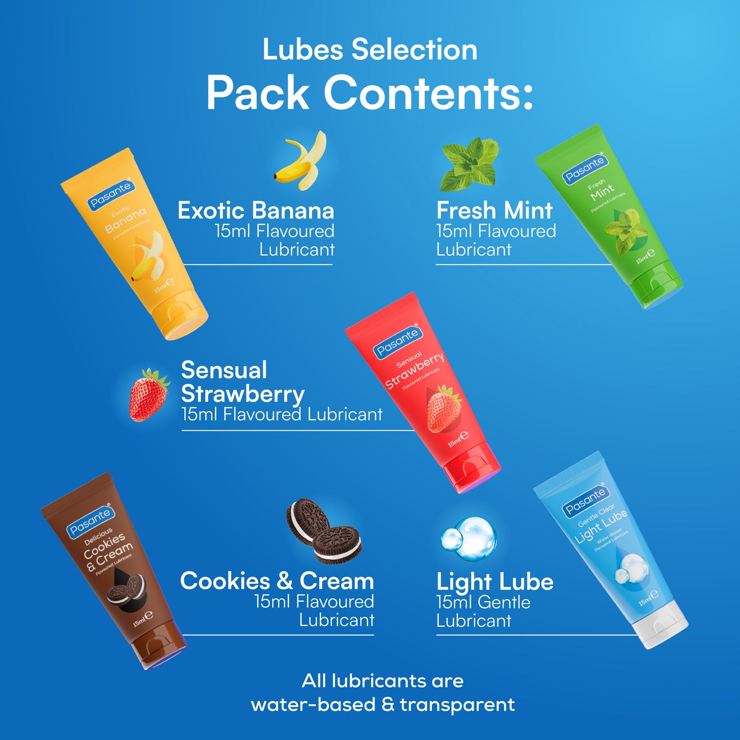 Pasante Mini Lubes Fun Pack - Mixed Flavours in 5 x 15ml Tubes