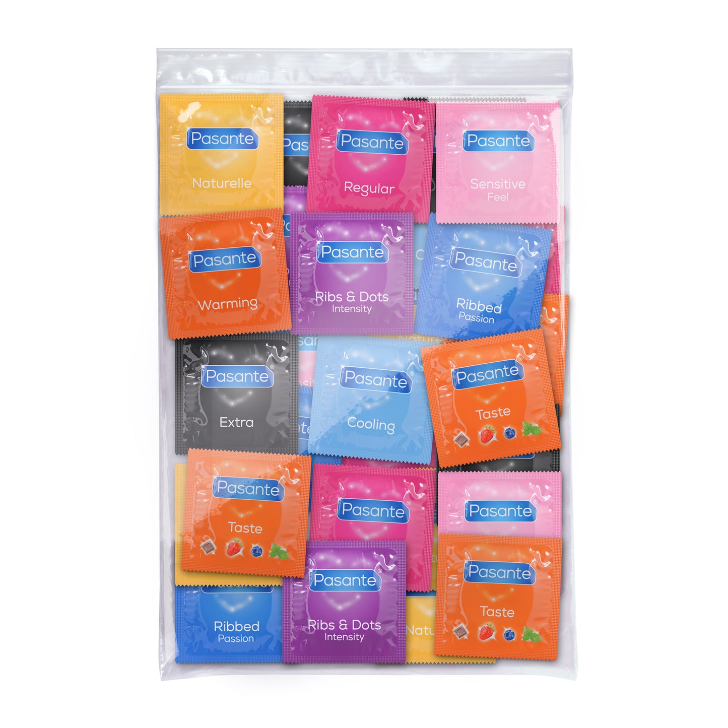 Assorted Pasante condom packages in various colors in clear bag