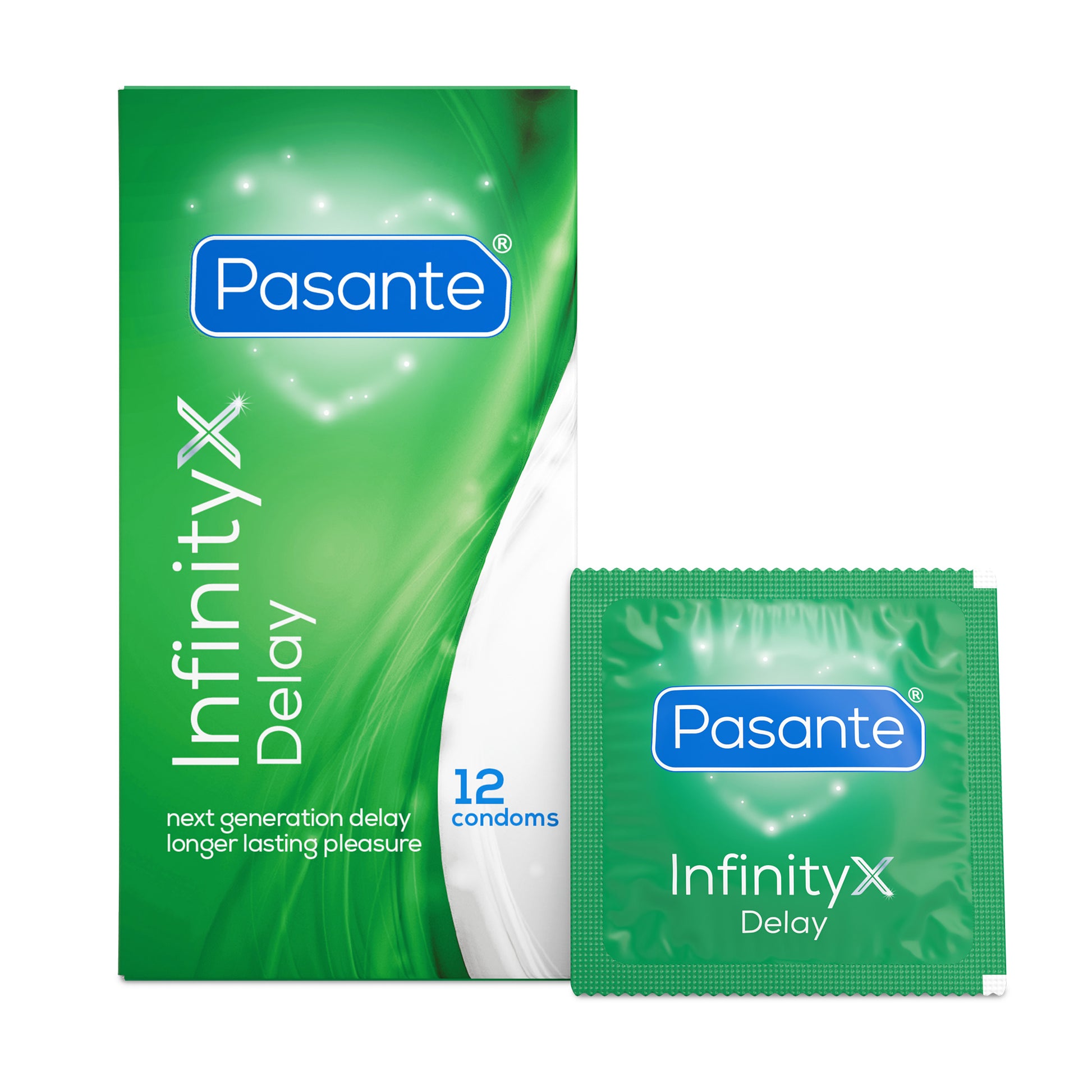 Pasante InfinityX Delay condom packaging on a white background