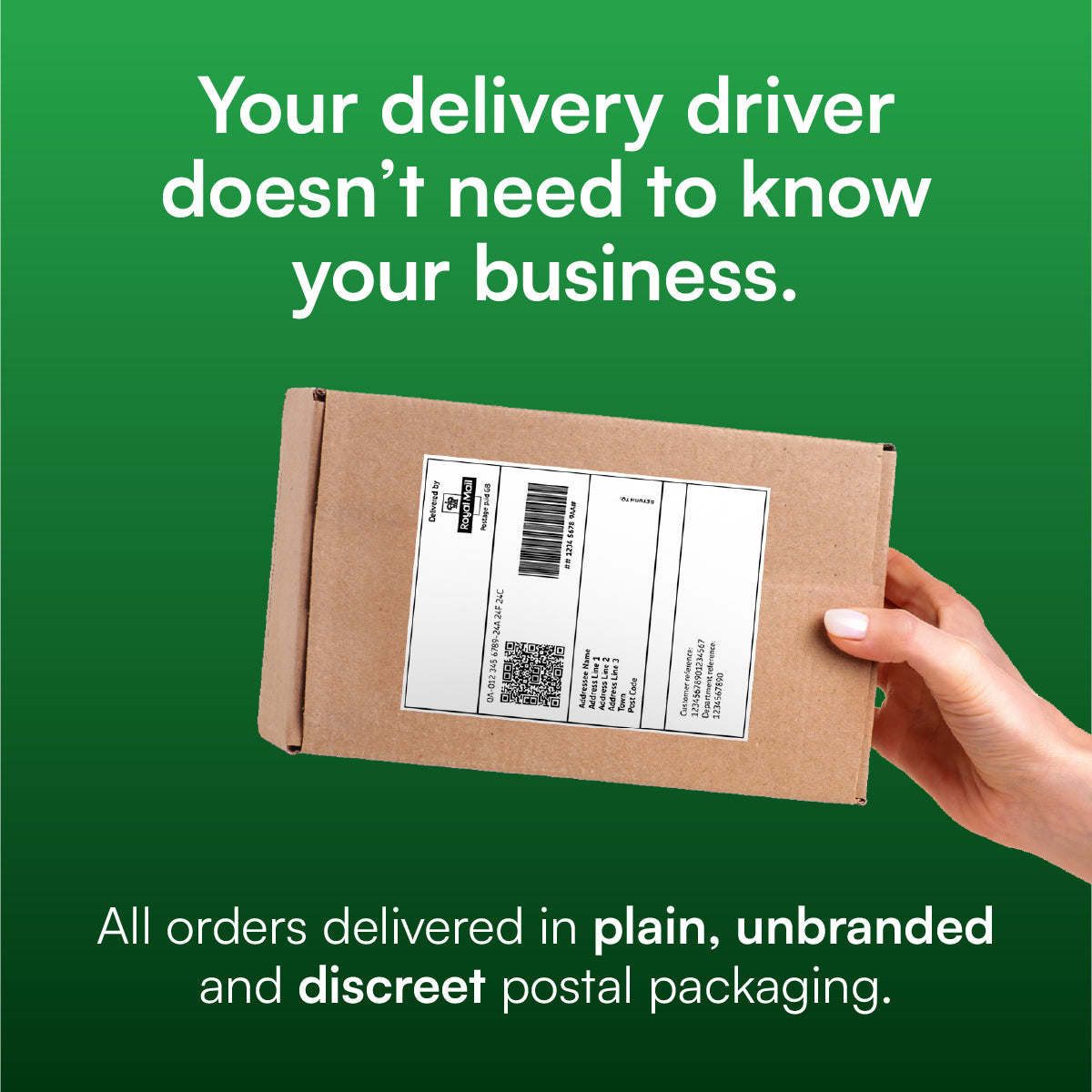Hand holding a cardboard package with a label against a green background, featuring text about delivery packaging.