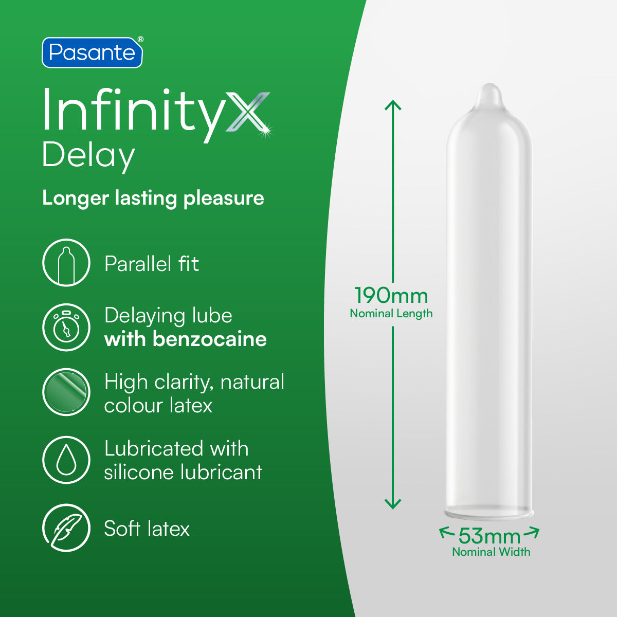 Pasante InfinityX Delay condom packaging with product details on a green background