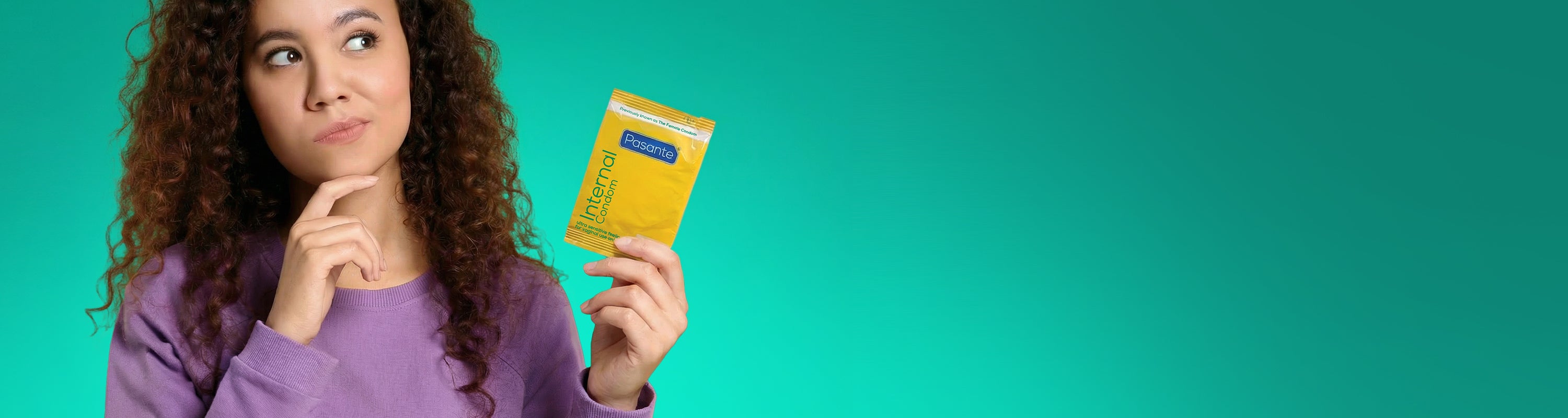 Woman pondering a Pasante Internal Condom