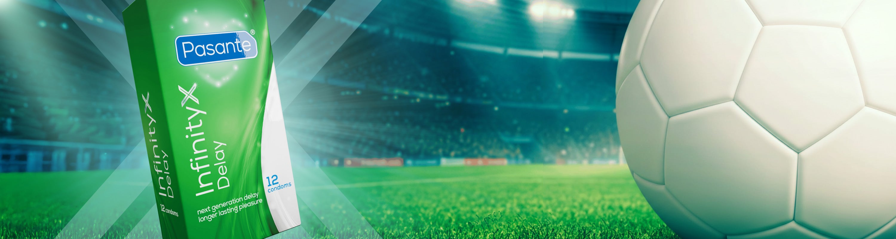 A Pasante InfinityX condom pack shown next to a white football on a green field with a stadium background.
