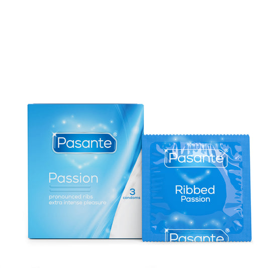 Pasante Ribbed Passion Condoms 3 Pack with Foil