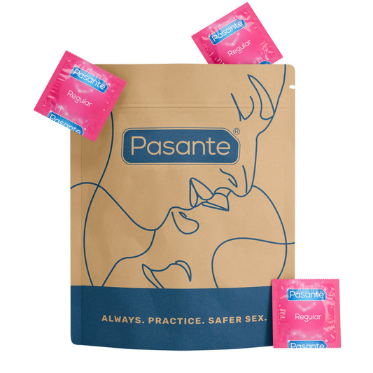 Pasante Regular condoms in kraft paper pouch with reduced plastic.