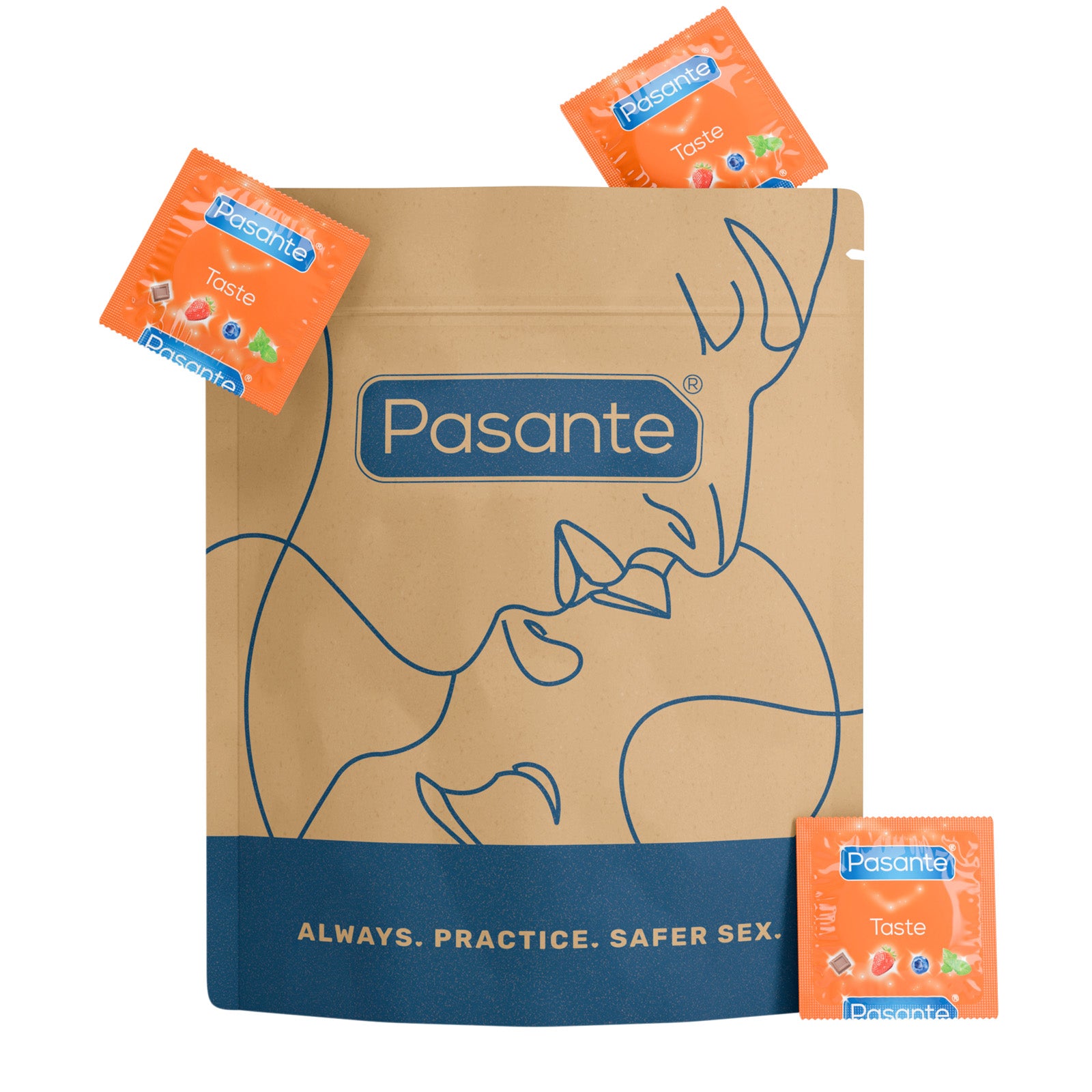 Pasante Taste condoms in kraft paper pouch with reduced plastic.