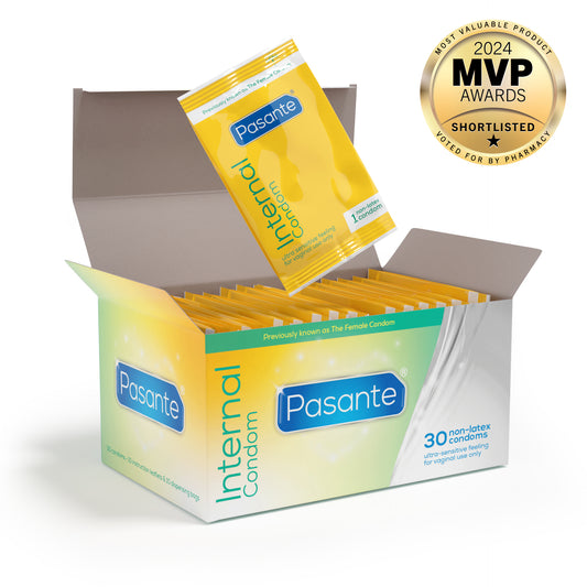 Pasante Internal Condom 30 pack open with MVP award shown next to it. 